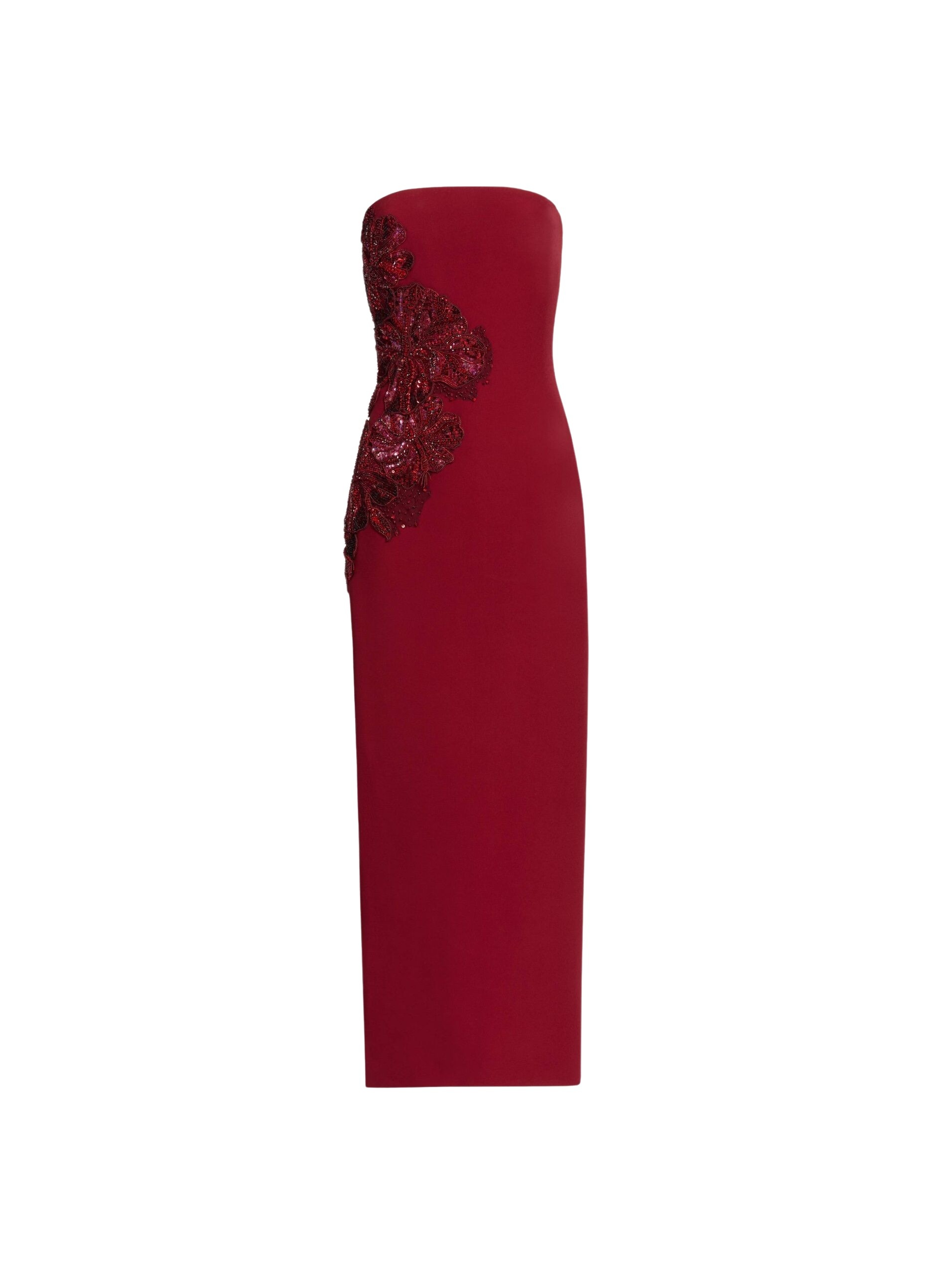 Elie Saab Embellished Cady Midi Dress in Red featuring  – Luxury Designer Fashion at Coveti.