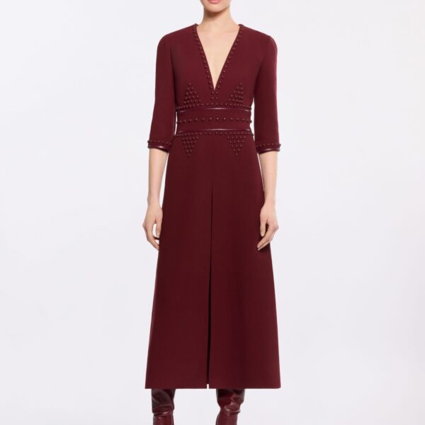 Elie Saab Embellished Wool Midi Dress in Red featuring  – Luxury Designer Fashion at Coveti.