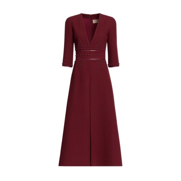 Elie Saab Embellished Wool Midi Dress in Red featuring  – Luxury Designer Fashion at Coveti.