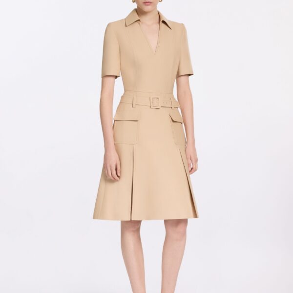 Elie Saab Gabardine Midi Dress in Beige featuring  – Luxury Designer Fashion at Coveti.