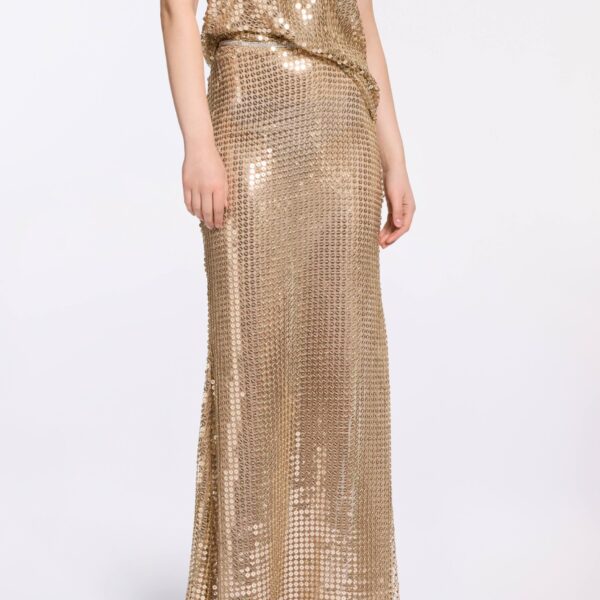 Elie Saab Gold Sequin Long Skirt in Metallic featuring  – Luxury Designer Fashion at Coveti.