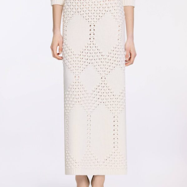 Elie Saab Knit Midi Skirt in White featuring  – Luxury Designer Fashion at Coveti.
