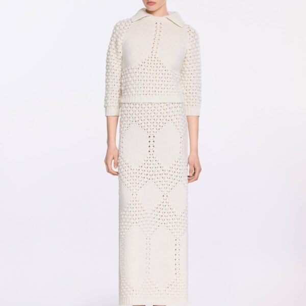 Elie Saab Knit Midi Skirt in White featuring  – Luxury Designer Fashion at Coveti.