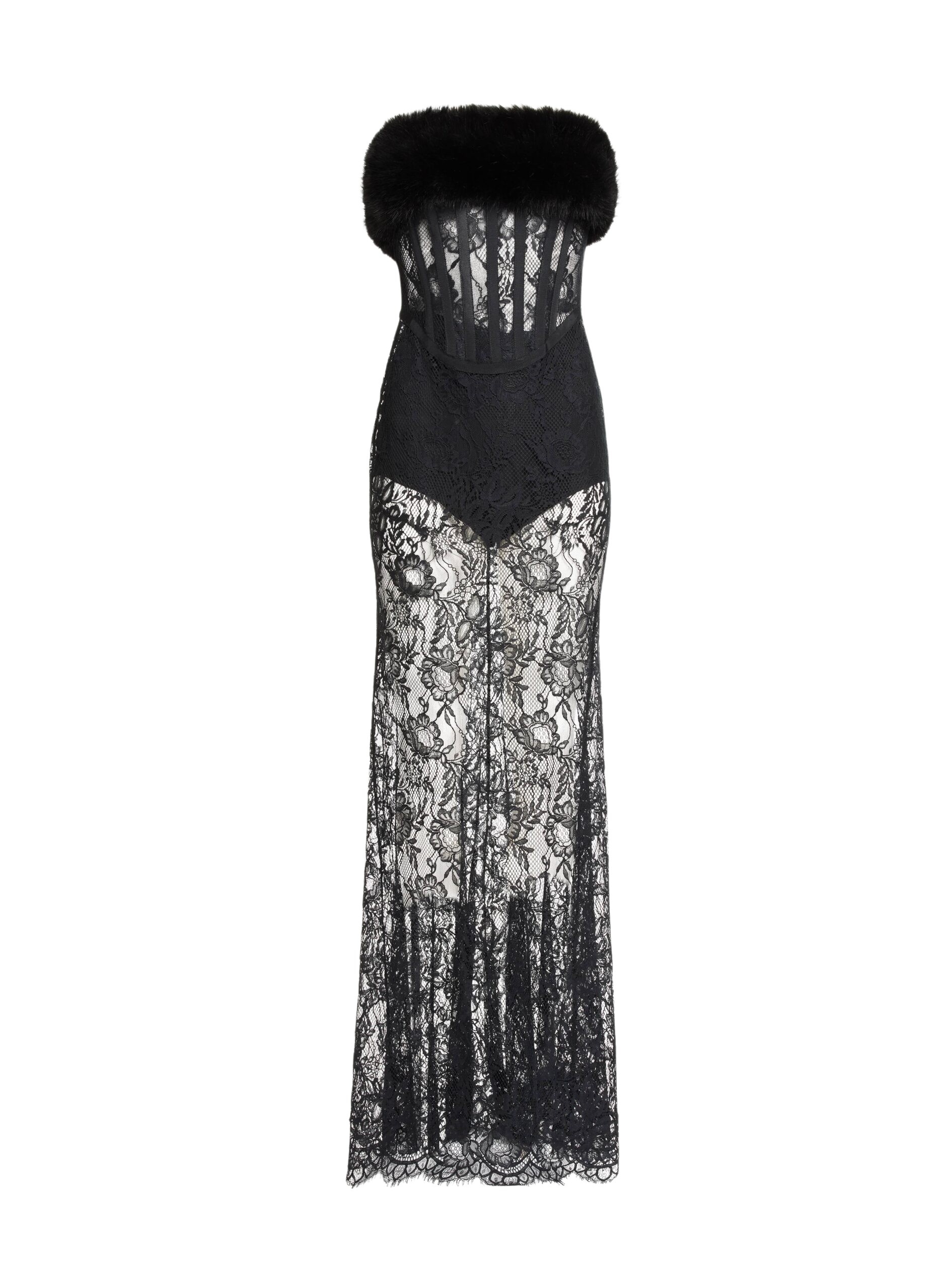 Elie Saab Lace and Fur Dress in Black featuring  – Luxury Designer Fashion at Coveti.