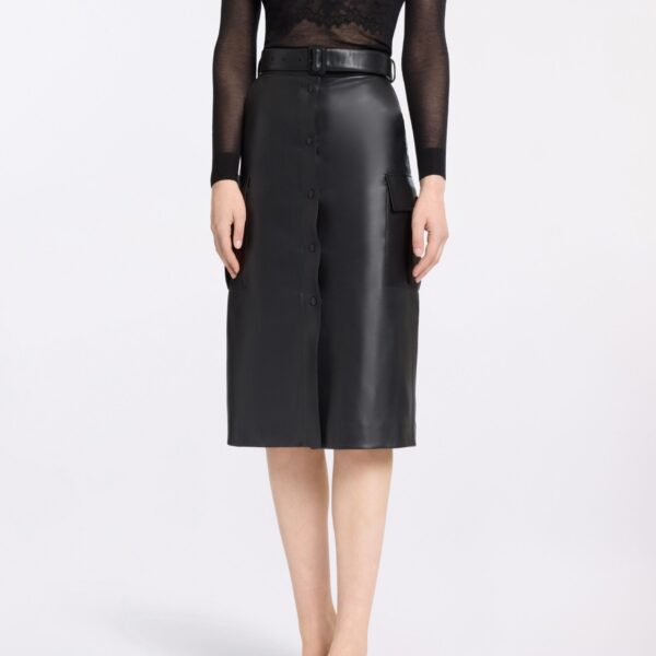 Elie Saab Leather Midi Skirt in Black featuring  – Luxury Designer Fashion at Coveti.