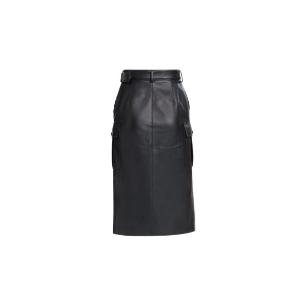 Elie Saab Leather Midi Skirt in Black featuring  – Luxury Designer Fashion at Coveti.