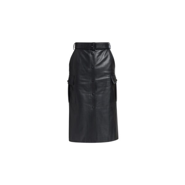 Elie Saab Leather Midi Skirt in Black featuring  – Luxury Designer Fashion at Coveti.