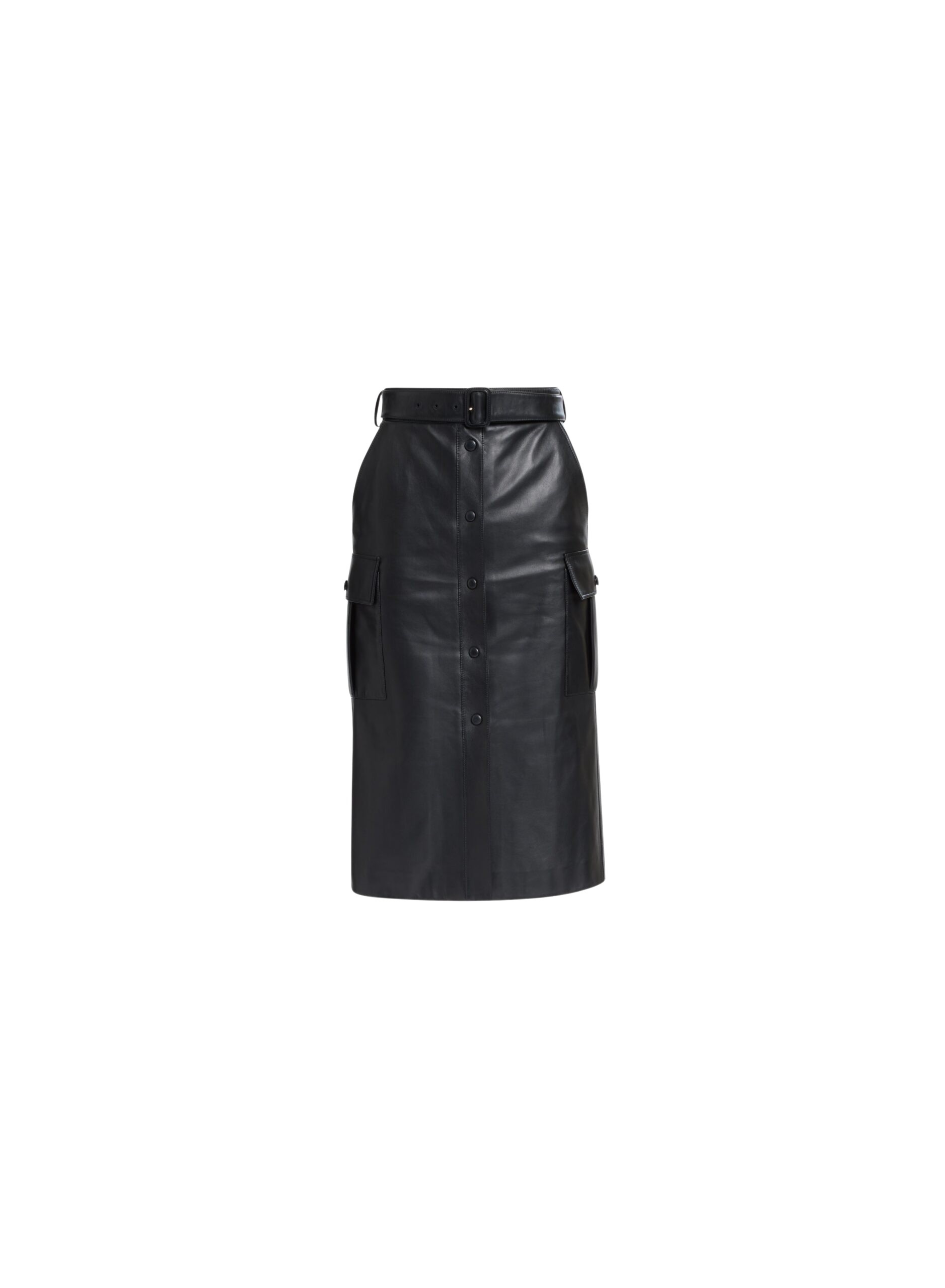 Elie Saab Leather Midi Skirt in Black featuring  – Luxury Designer Fashion at Coveti.
