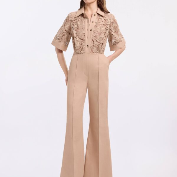 Elie Saab Macramé & Drill Jumpsuit in Beige featuring  – Luxury Designer Fashion at Coveti.