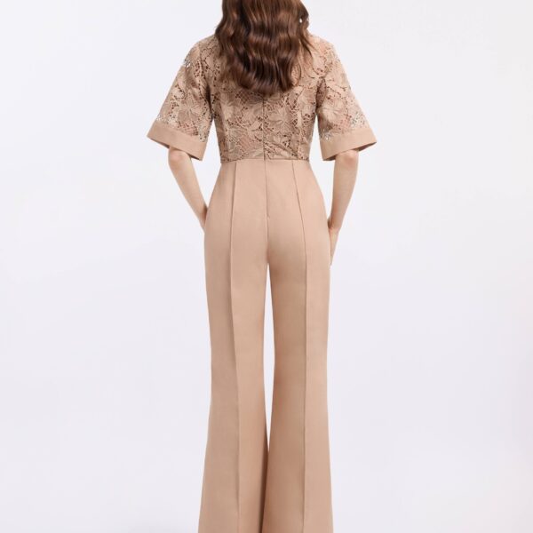 Elie Saab Macramé & Drill Jumpsuit in Beige featuring  – Luxury Designer Fashion at Coveti.