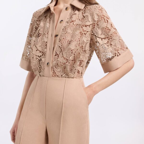 Elie Saab Macramé & Drill Jumpsuit in Beige featuring  – Luxury Designer Fashion at Coveti.