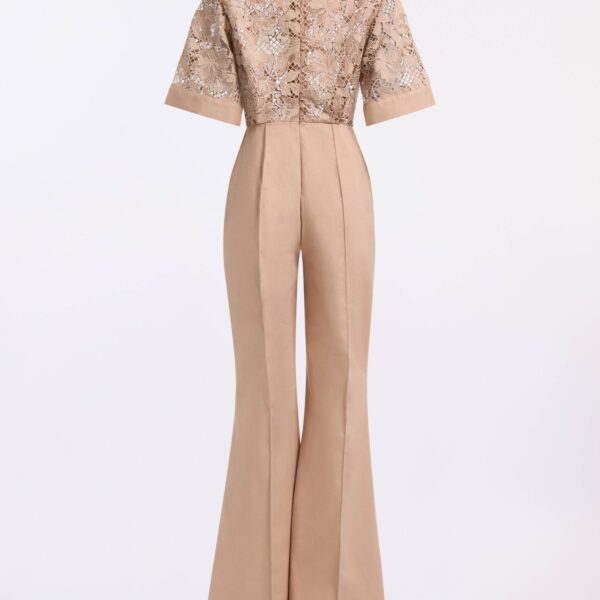 Elie Saab Macramé & Drill Jumpsuit in Beige featuring  – Luxury Designer Fashion at Coveti.