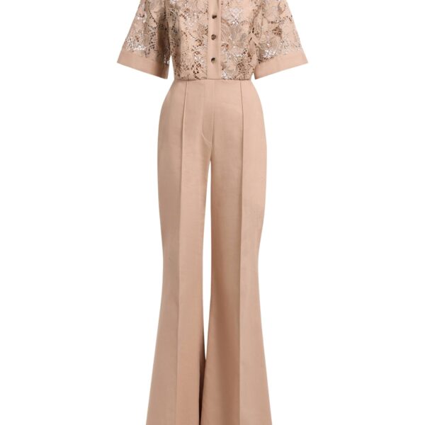 Elie Saab Macramé & Drill Jumpsuit in Beige featuring  – Luxury Designer Fashion at Coveti.