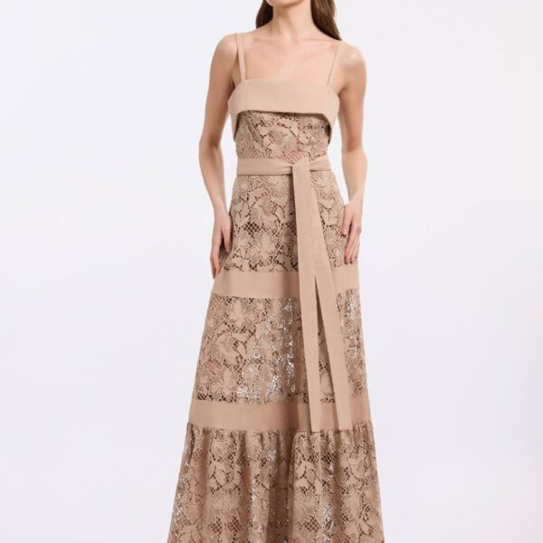 Elie Saab Macramé & Drill Long Dress in Beige featuring  – Luxury Designer Fashion at Coveti.