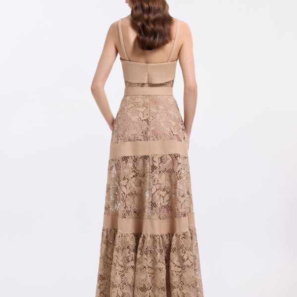 Elie Saab Macramé & Drill Long Dress in Beige featuring  – Luxury Designer Fashion at Coveti.