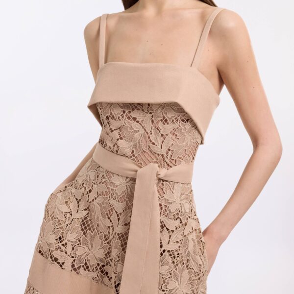 Elie Saab Macramé & Drill Long Dress in Beige featuring  – Luxury Designer Fashion at Coveti.