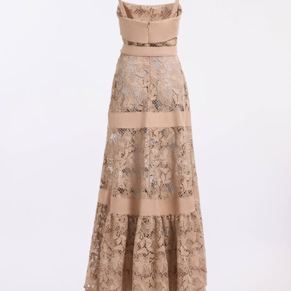 Elie Saab Macramé & Drill Long Dress in Beige featuring  – Luxury Designer Fashion at Coveti.