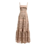 Elie Saab Macramé & Drill Long Dress in Beige featuring  – Luxury Designer Fashion at Coveti.