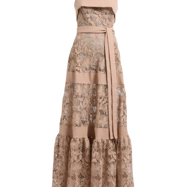 Elie Saab Macramé & Drill Long Dress in Beige featuring  – Luxury Designer Fashion at Coveti.
