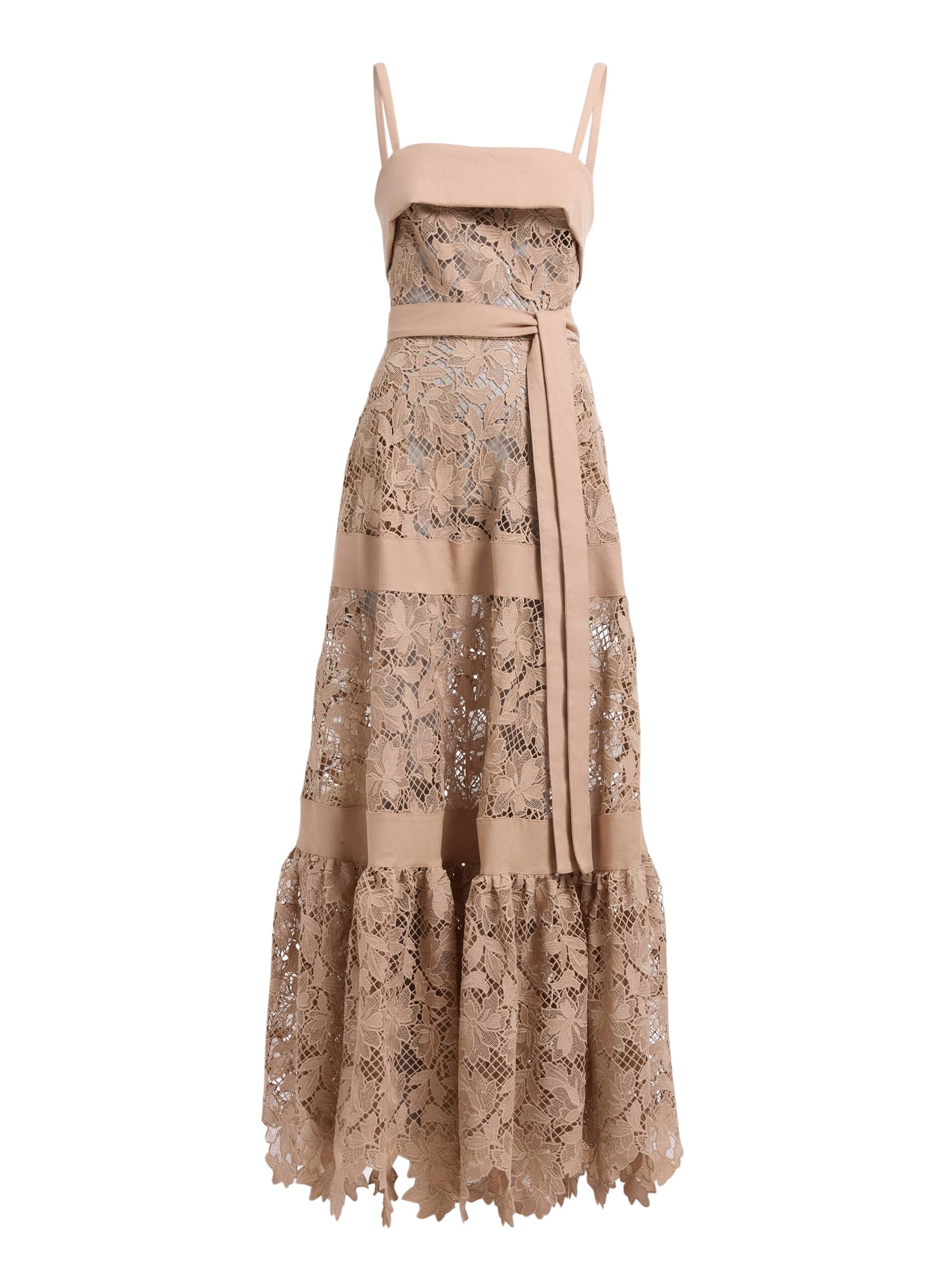 Elie Saab Macramé & Drill Long Dress in Beige featuring  – Luxury Designer Fashion at Coveti.