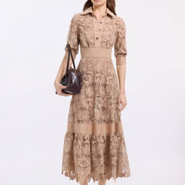 Elie Saab Macramé & Drill Midi Dress in Beige featuring  – Luxury Designer Fashion at Coveti.