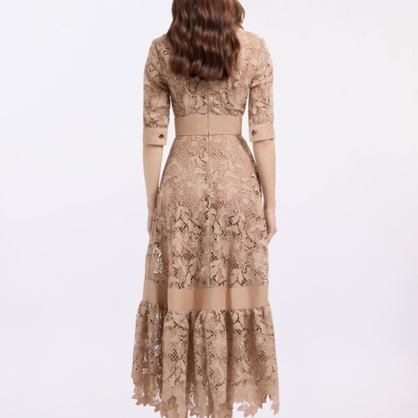 Elie Saab Macramé & Drill Midi Dress in Beige featuring  – Luxury Designer Fashion at Coveti.