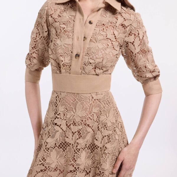 Elie Saab Macramé & Drill Midi Dress in Beige featuring  – Luxury Designer Fashion at Coveti.