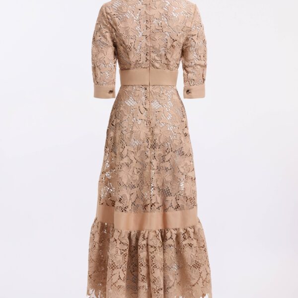Elie Saab Macramé & Drill Midi Dress in Beige featuring  – Luxury Designer Fashion at Coveti.