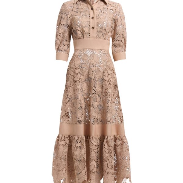 Elie Saab Macramé & Drill Midi Dress in Beige featuring  – Luxury Designer Fashion at Coveti.