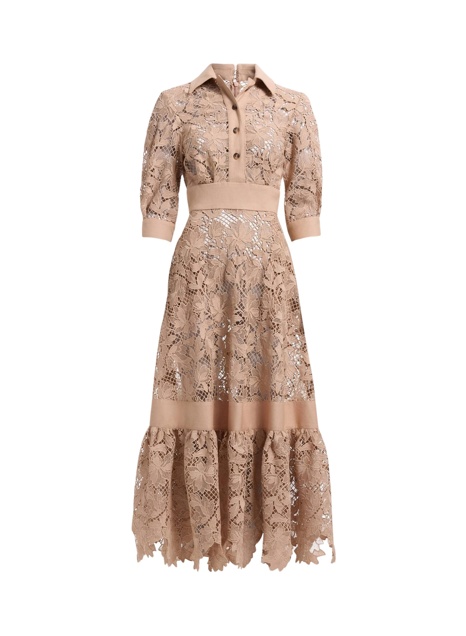 Elie Saab Macramé & Drill Midi Dress in Beige featuring  – Luxury Designer Fashion at Coveti.