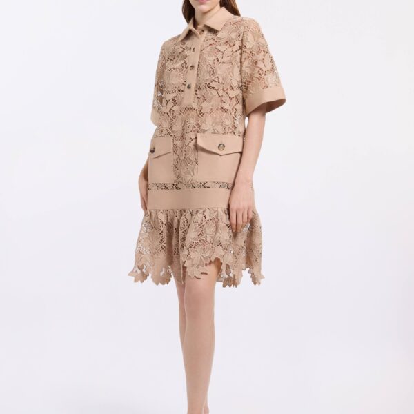 Elie Saab Macramé & Drill Short Dress in Beige featuring  – Luxury Designer Fashion at Coveti.