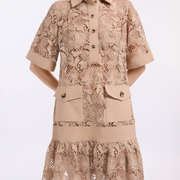 Elie Saab Macramé & Drill Short Dress in Beige featuring  – Luxury Designer Fashion at Coveti.