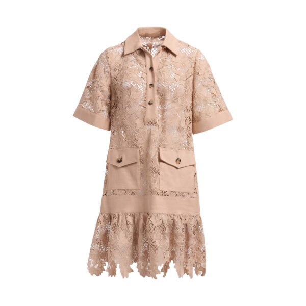Elie Saab Macramé & Drill Short Dress in Beige featuring  – Luxury Designer Fashion at Coveti.