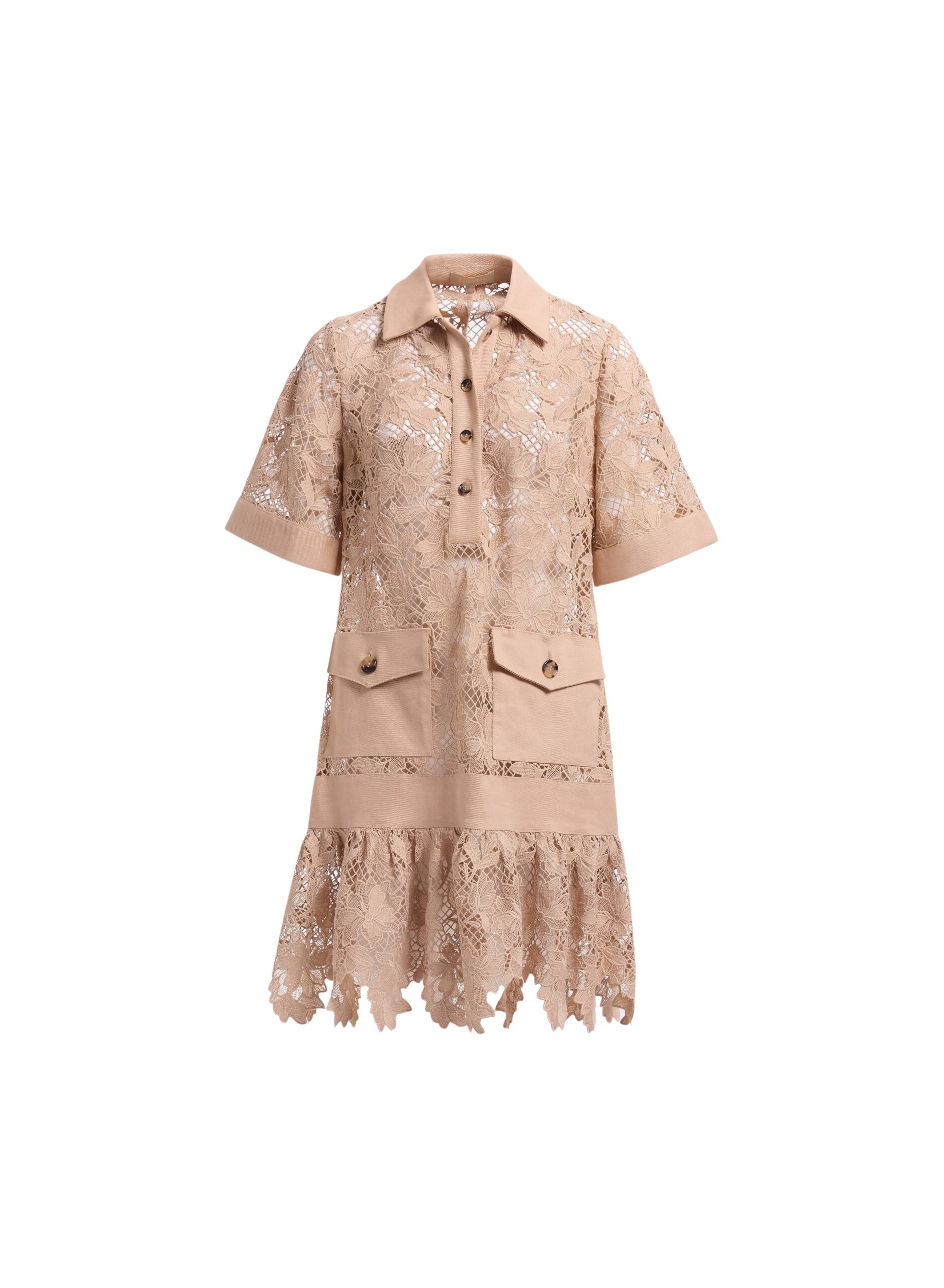 Elie Saab Macramé & Drill Short Dress in Beige featuring  – Luxury Designer Fashion at Coveti.