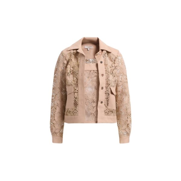 Elie Saab Macramé & Drill Twin Set in Beige featuring  – Luxury Designer Fashion at Coveti.