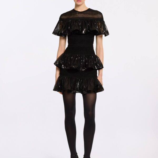 Elie Saab Macramé and Sequin Ruffled Dress in Black featuring  – Luxury Designer Fashion at Coveti.