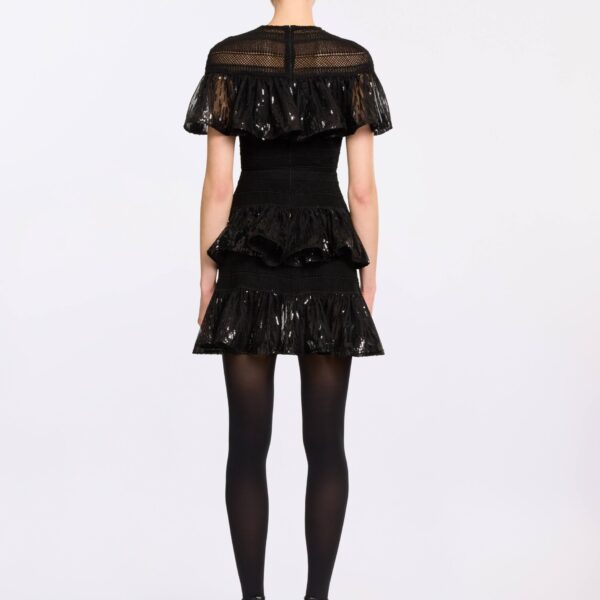 Elie Saab Macramé and Sequin Ruffled Dress in Black featuring  – Luxury Designer Fashion at Coveti.
