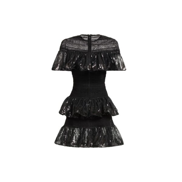 Elie Saab Macramé and Sequin Ruffled Dress in Black featuring  – Luxury Designer Fashion at Coveti.