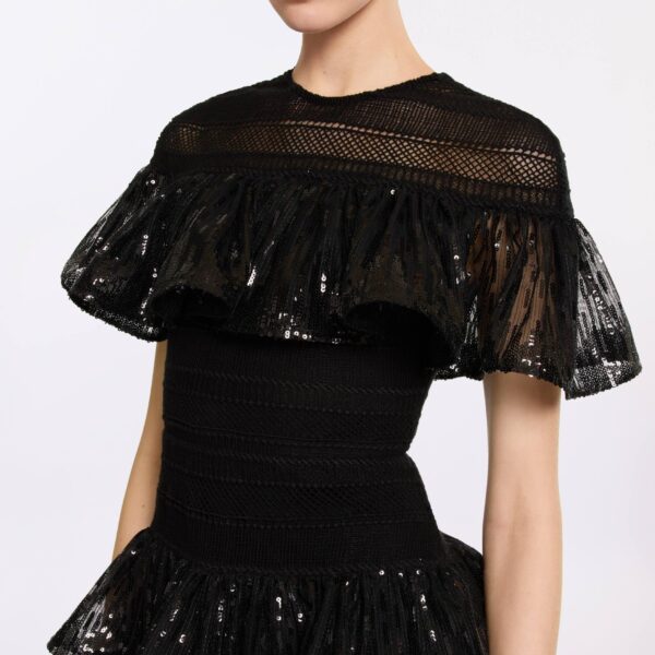 Elie Saab Macramé and Sequin Ruffled Dress in Black featuring  – Luxury Designer Fashion at Coveti.