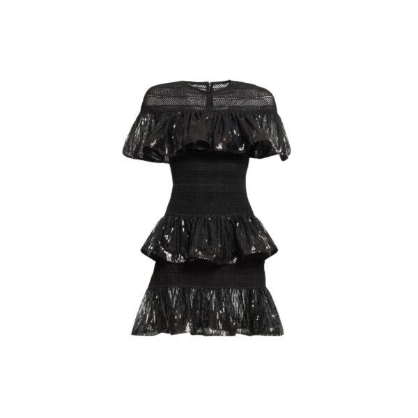 Elie Saab Macramé and Sequin Ruffled Dress in Black featuring  – Luxury Designer Fashion at Coveti.