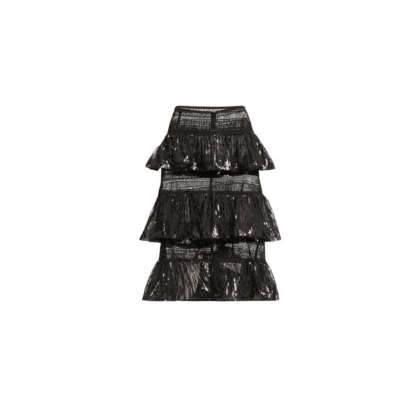 Elie Saab Macramé and Sequin Ruffled Skirt in Black featuring  – Luxury Designer Fashion at Coveti.