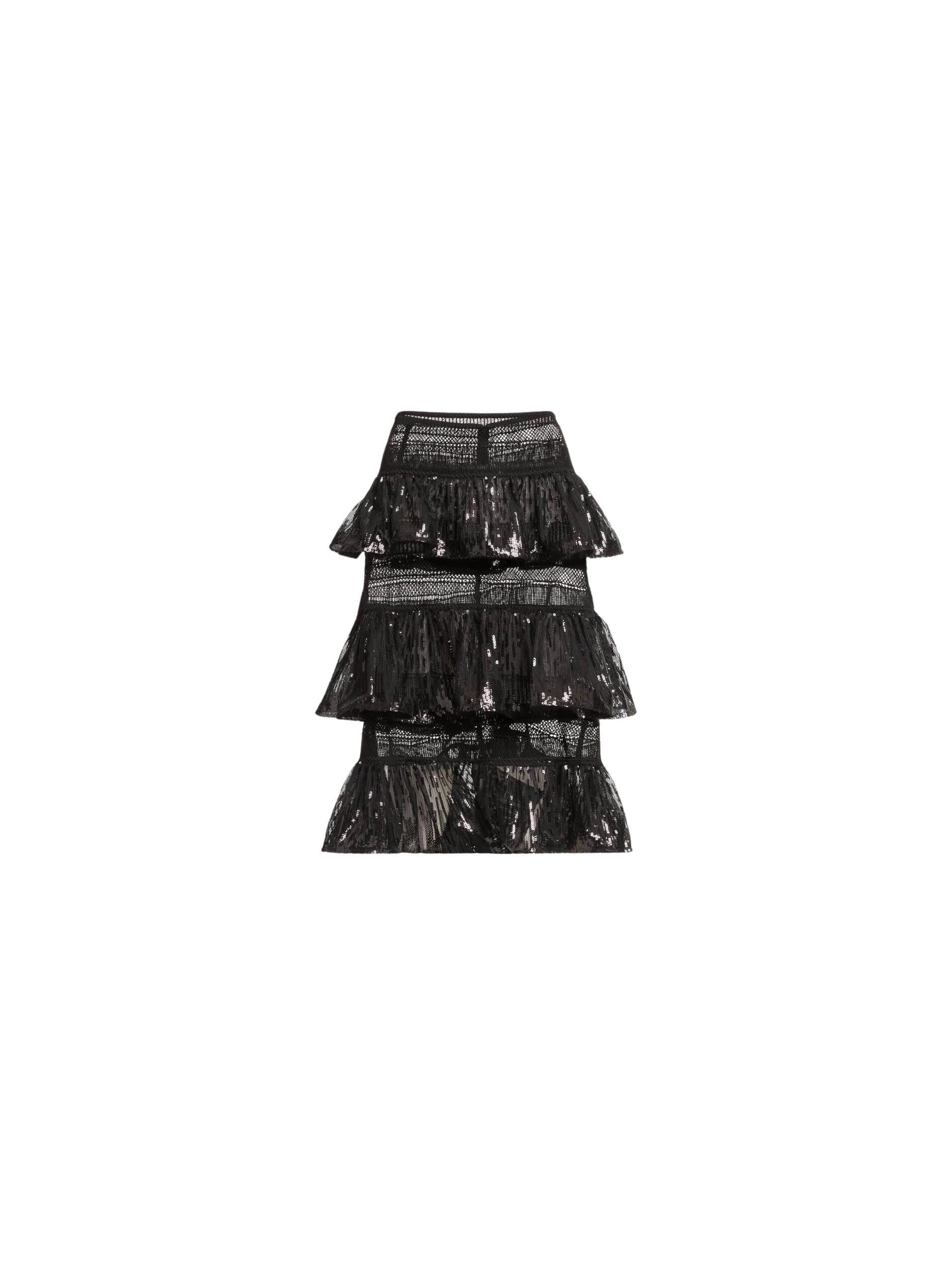 Elie Saab Macramé and Sequin Ruffled Skirt in Black featuring  – Luxury Designer Fashion at Coveti.