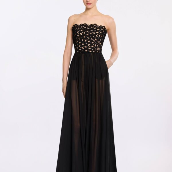 Elie Saab Macramé and Silk Long Dress in Black featuring  – Luxury Designer Fashion at Coveti.