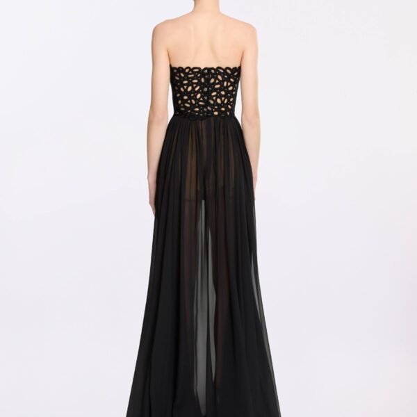 Elie Saab Macramé and Silk Long Dress in Black featuring  – Luxury Designer Fashion at Coveti.