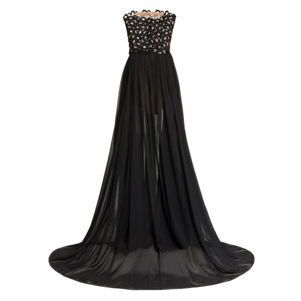Elie Saab Macramé and Silk Long Dress in Black featuring  – Luxury Designer Fashion at Coveti.