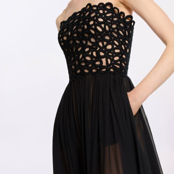 Elie Saab Macramé and Silk Long Dress in Black featuring  – Luxury Designer Fashion at Coveti.