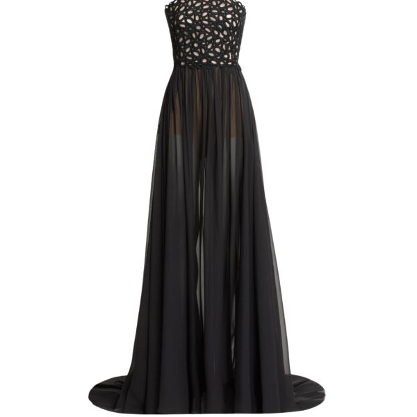 Elie Saab Macramé and Silk Long Dress in Black featuring  – Luxury Designer Fashion at Coveti.