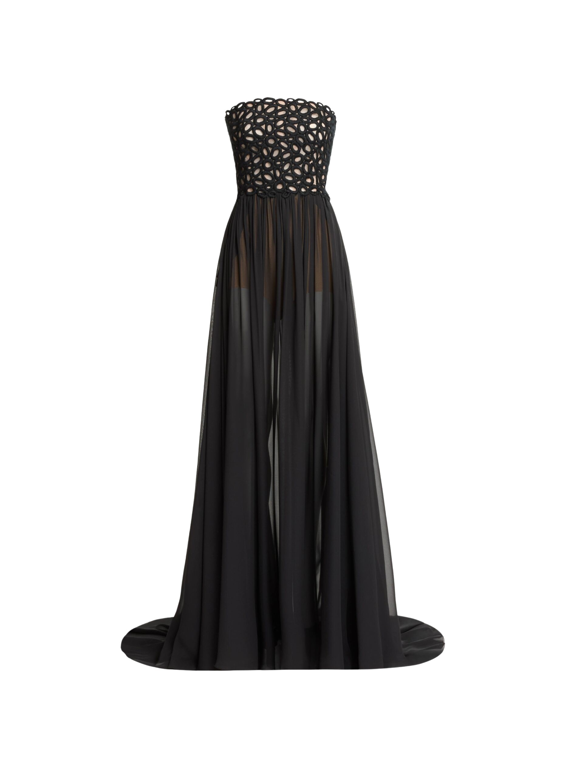 Elie Saab Macramé and Silk Long Dress in Black featuring  – Luxury Designer Fashion at Coveti.