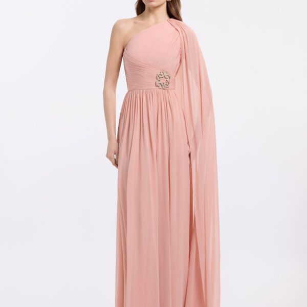 Elie Saab One-Shoulder Silk Long Dress in Pink featuring  – Luxury Designer Fashion at Coveti.