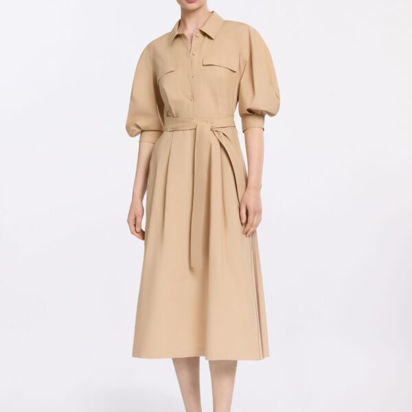 Elie Saab Pleated Cotton Midi Dress in Beige featuring  – Luxury Designer Fashion at Coveti.